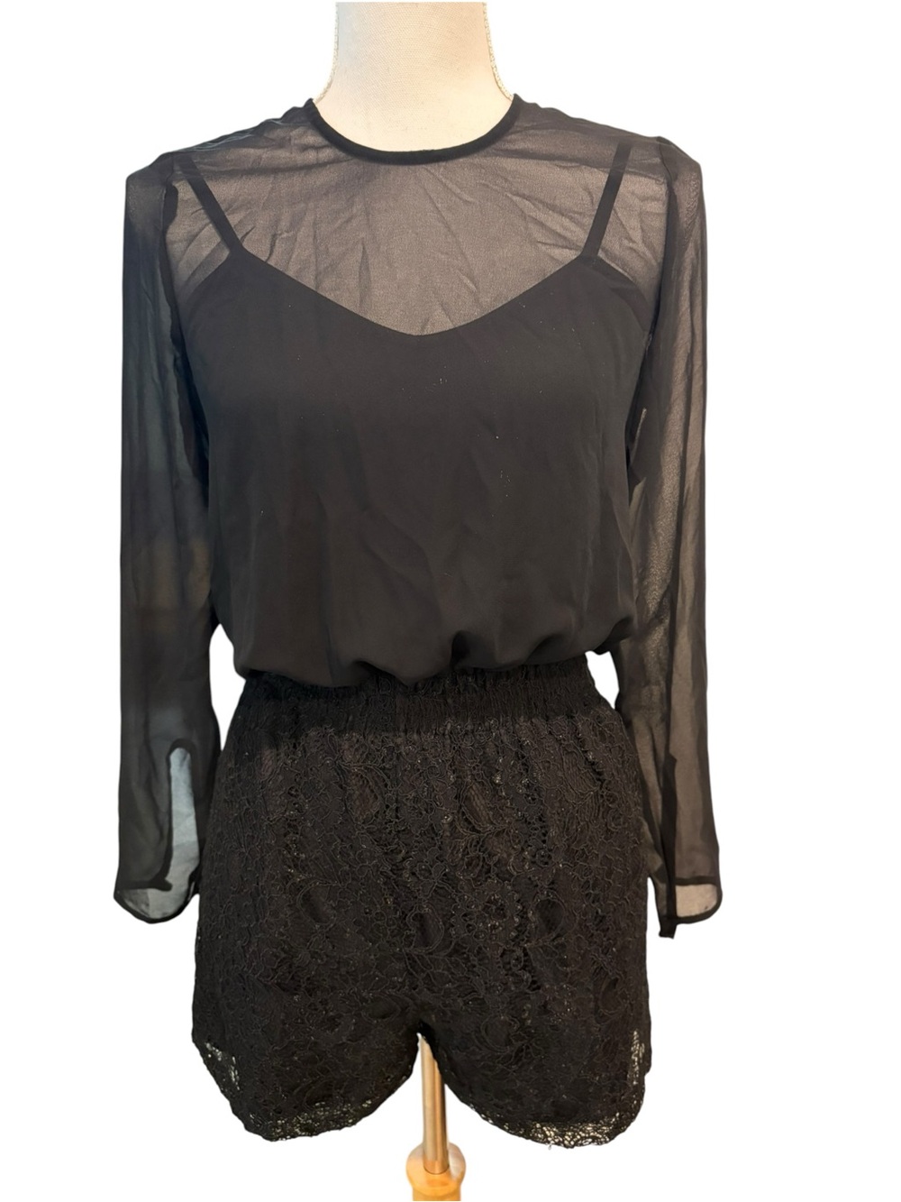 BCBGeneration Black Lace Sheer Long Sleeved Romper. Size XXS